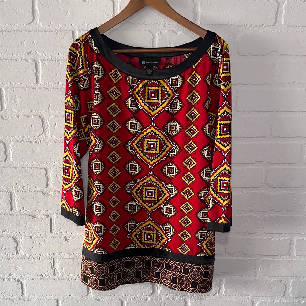 INC International Concepts Red and Yellow Geometric Tunic